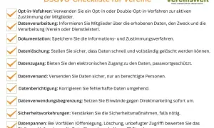 DSGVO-Checkliste für Vereine: Aktive Zustimmung (Opt-in), Information, Dokumentation, Löschung, Zugang, Versand, Berichtigung, Begrenzung, Sicherheit und Umgang mit Datenpannen sind Prinzipien, welchen die Einwilligung unterliegt.