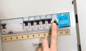 Finger schaltet Sicherung aus. So kann man eine defekte Sicherung erkennen.