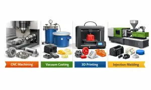 Vakuumpumpe für Vakuumgießen, daneben CNC-Bearbeitung, 3D-Druck und Spritzguss.