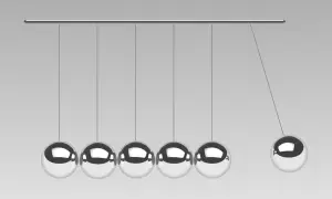 Newtonsche Gesetz: Pendel mit fünf Kugeln, die eine Kugel in Bewegung setzen.