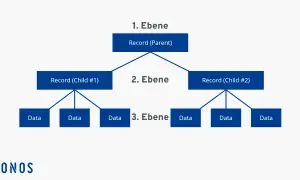 Hierarchische Struktur zeigt, was ein Datenbanksystem ist: ein Eltern-Record mit zwei Kind-Records, die jeweils Daten enthalten.