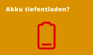 Akku tiefentladen? Rotes Batteriesymbol mit fast leerem Ladebalken auf orangefarbenem Hintergrund.