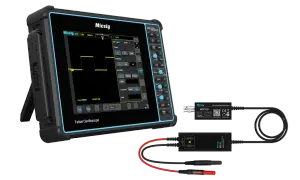 Ein Micsig Tablet-Oszilloskop mit einer Rechteckwelle auf dem Bildschirm und einem Hochspannungsdifferenzialtastkopf. Die Oszilloskop Funktion wird hier deutlich.