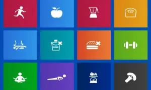 Symbole für gesunde Ernährung und Fitness, die digitale Gesundheitsanwendungen darstellen: Laufen, Apfel, Mixer, Waage, Maßband, kein Zucker, kein Burger, Hantel, Yoga, Liegestütz, Obst auf Waage, Brokkoli.