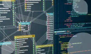 Ein Diagramm zeigt, wie eine Datenbank aufgebaut ist, mit verschachtelten Komponenten und Verbindungen zwischen verschiedenen Code-Dateien und Funktionen.