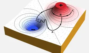 Dreidimensionale Darstellung des elektrischen Potentials mit Feldlinien. Ein positiver Ladungshügel (rot) und ein negativer Ladungstrichter (blau) erzeugen ein elektrisches Feld.