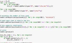 Python-Code zur Lösung des Bin Packing Problems, der Variablen für Artikel und Behälter definiert und die Zuweisung optimiert.