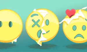Drei Emojis: neutral, tot (X-Augen) und traurig. Sie zeigen, was bedeuten die einzelnen emojis: von leer zu verletzt, bis hin zu gebrochenem Herzen.