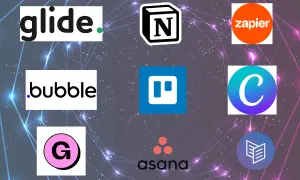Logos von Glide, Bubble, Notion, Trello, Zapier, Canva, Asana und anderen Tools für Produktivität und Automatisierung.