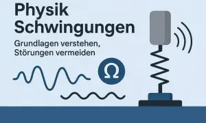 Physik: Schwingungen verstehen, Störungen vermeiden. Wellen und ein Feder-Masse-System symbolisieren elektromagnetische Schwingungen.