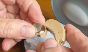 Hände wechseln eine Zink-Luft-Batterie in einem Hörgerät.