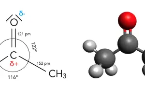 Aceton Strukturformel: schematische Darstellung mit Bindungswinkeln und -längen, sowie eine Kugel-Stab-Modell-Ansicht.