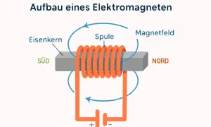Aufbau eines Elektromagneten: Ein Eisenkern mit Spule, verbunden mit einer Batterie, erzeugt ein Magnetfeld. Südpol und Nordpol sind gekennzeichnet.