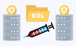 Schutzschilder über Datenbanken, ein Ordner mit "SQL" und eine Spritze, die eine SQL-Injection darstellt. SQL-parameterisierte Abfragen schützen davor.