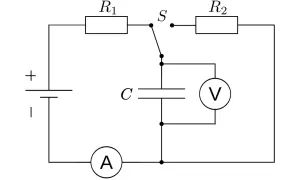 Stromkreis mit Batterie, Schalter S, Widerständen R1, R2, Strommesser A, Spannungsmesse V und einem Kondensator C. Was ist ein Kondensator?
