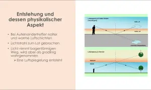 Die Fata Morgana, eine Luftspiegelung, entsteht durch das Aufeinandertreffen von kalten und warmen Luftschichten, was Lichtstrahlen bricht.