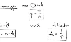 Berechnungen von Druck, Kraft und Fläche mit Formeln.
