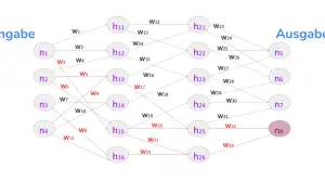 Schema eines neuronalen Netzes mit Eingabe-, versteckten und Ausgabeschichten. Die Verbindungen und Gewichte sind als spacy German models dargestellt.