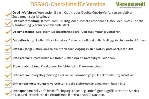 DSGVO-Checkliste für Vereine: Aktive Zustimmung (Opt-in), Information, Dokumentation, Löschung, Zugang, Versand, Berichtigung, Begrenzung, Sicherheit und Umgang mit Datenpannen sind Prinzipien, welchen die Einwilligung unterliegt.