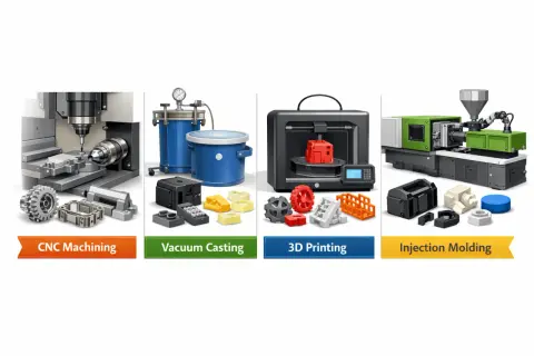 Vakuumpumpe für Vakuumgießen, daneben CNC-Bearbeitung, 3D-Druck und Spritzguss.