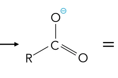 Resonanzstrukturen eines Carboxylatanions zeigen den mesomeren Effekt, bei dem die negative Ladung über beide Sauerstoffatome delokalisiert ist.