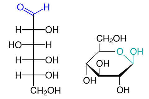 Chemische Strukturformeln: links ein Aldehyd (O=CH), rechts ein Hydroperoxid (O-O-OH). Beide sind Vorläufer für reduzierende Zucker.