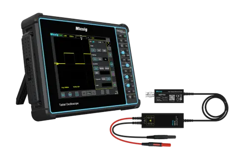 Ein Micsig Tablet-Oszilloskop mit einer Rechteckwelle auf dem Bildschirm und einem Hochspannungsdifferenzialtastkopf. Die Oszilloskop Funktion wird hier deutlich.
