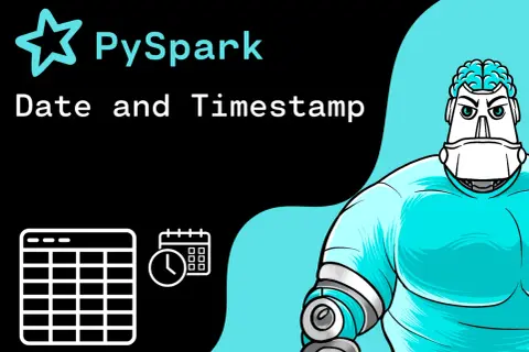 PySpark: Datum und Zeitstempel. Ein Roboter mit Gehirn und ein Kalender mit Uhr symbolisieren die Umwandlung von pyspark timestamp to date.