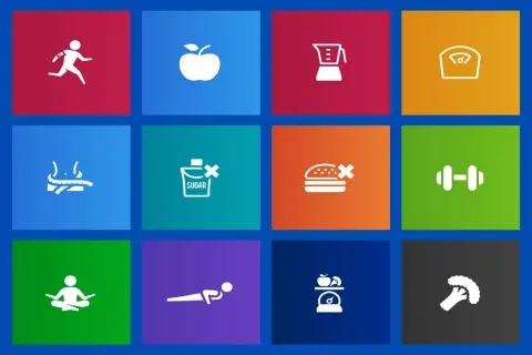 Symbole für gesunde Ernährung und Fitness, die digitale Gesundheitsanwendungen darstellen: Laufen, Apfel, Mixer, Waage, Maßband, kein Zucker, kein Burger, Hantel, Yoga, Liegestütz, Obst auf Waage, Brokkoli.