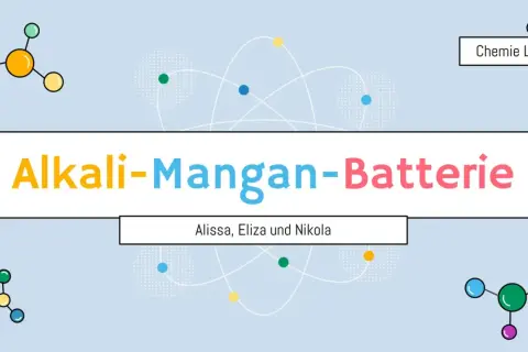 Der Aufbau einer Alkali-Mangan-Batterie, erklärt von Alissa, Eliza und Nikola. Chemische Modelle und Atomstrukturen zieren die Präsentation.