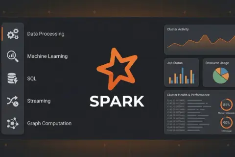 Was ist Spark? Ein Dashboard zeigt Datenverarbeitung, Machine Learning, SQL, Streaming und Graph Computation. Cluster-Aktivität, Job-Status und Ressourcenauslastung sind sichtbar.