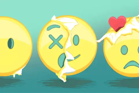Drei Emojis: neutral, tot (X-Augen) und traurig. Sie zeigen, was bedeuten die einzelnen emojis: von leer zu verletzt, bis hin zu gebrochenem Herzen.