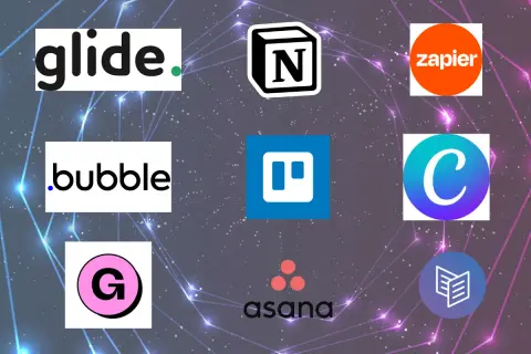 Logos von Glide, Bubble, Notion, Trello, Zapier, Canva, Asana und anderen Tools für Produktivität und Automatisierung.