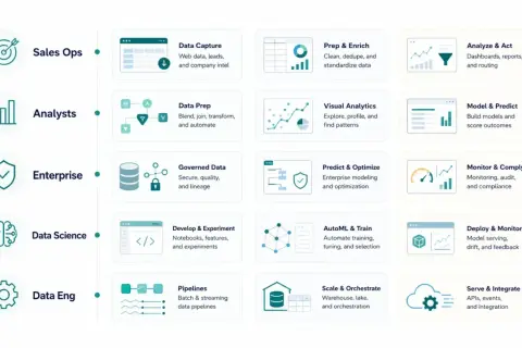 Übersicht über verschiedene **data modeling tools** für Sales Ops, Analysten, Enterprise, Data Science und Data Eng.