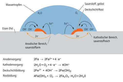 Schema der elektrochemischen Korrosion: Wasser und Sauerstoff reagieren mit Eisen, wobei an anodischen und kathodischen Bereichen Ionen entstehen.