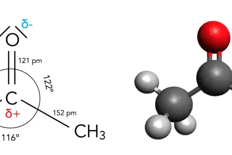 Aceton Strukturformel: schematische Darstellung mit Bindungswinkeln und -längen, sowie eine Kugel-Stab-Modell-Ansicht.