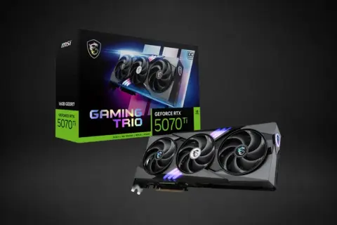 MSI GeForce RTX 5070 Ti Gaming Trio Grafikkarte und Verpackung. Perfekt, um die GPU-Gesundheit für Gaming zu prüfen.