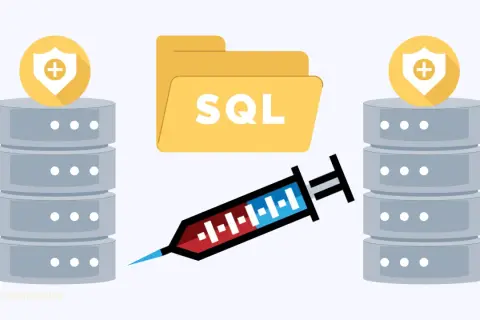 Schutzschilder über Datenbanken, ein Ordner mit "SQL" und eine Spritze, die eine SQL-Injection darstellt. SQL-parameterisierte Abfragen schützen davor.