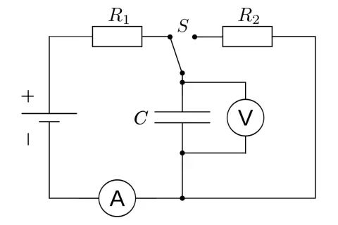Stromkreis mit Batterie, Schalter S, Widerständen R1, R2, Strommesser A, Spannungsmesse V und einem Kondensator C. Was ist ein Kondensator?