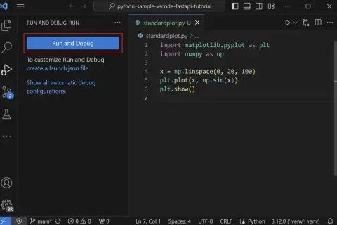 VS Code: Python-Code mit `Run and Debug` starten. Der `python debugger` ist bereit.