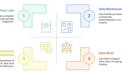 Schema zeigt Data Lake, Data Warehouse für umfassende Datenintegration, klassische Datenbank und Data Mesh.