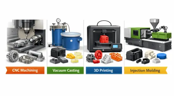 Vakuumpumpe für Vakuumgießen, daneben CNC-Bearbeitung, 3D-Druck und Spritzguss.