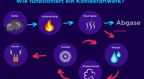 So funktioniert ein Kohlekraftwerk: Kohle verbrennt, erzeugt Rauchgase, die Wasser erhitzen. Dampf treibt Turbine an, die Strom erzeugt.