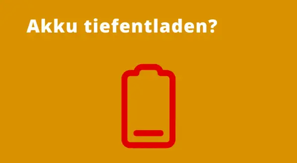 Akku tiefentladen? Rotes Batteriesymbol mit fast leerem Ladebalken auf orangefarbenem Hintergrund.