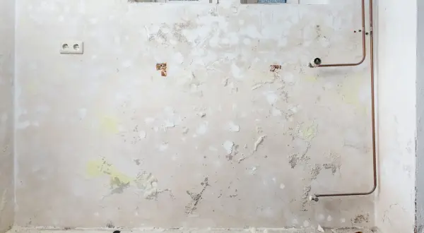 Feuchte Wand mit abblätternder Farbe und gelblichen Ausblühungen, die auf Salpeter hindeuten. Kupferrohre und eine Steckdose sind sichtbar.