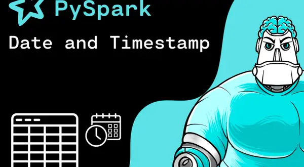 PySpark: Datum und Zeitstempel. Ein Roboter mit Gehirn und ein Kalender mit Uhr symbolisieren die Umwandlung von pyspark timestamp to date.