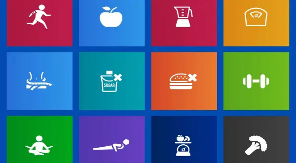 Symbole für gesunde Ernährung und Fitness, die digitale Gesundheitsanwendungen darstellen: Laufen, Apfel, Mixer, Waage, Maßband, kein Zucker, kein Burger, Hantel, Yoga, Liegestütz, Obst auf Waage, Brokkoli.