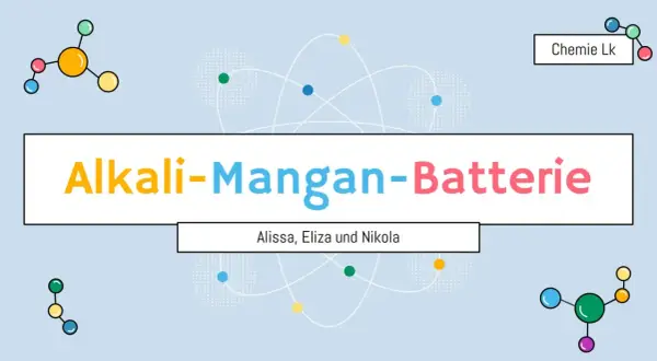 Der Aufbau einer Alkali-Mangan-Batterie, erklärt von Alissa, Eliza und Nikola. Chemische Modelle und Atomstrukturen zieren die Präsentation.