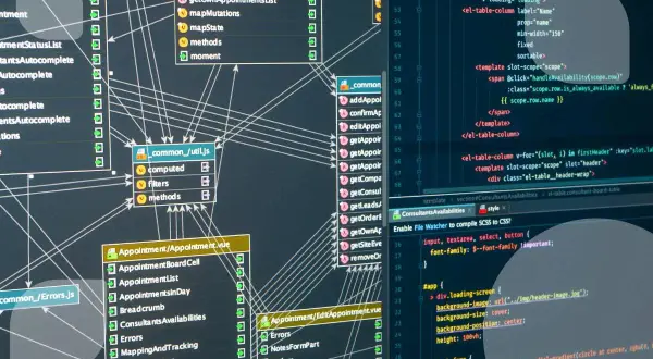 Ein Diagramm zeigt, wie eine Datenbank aufgebaut ist, mit verschachtelten Komponenten und Verbindungen zwischen verschiedenen Code-Dateien und Funktionen.