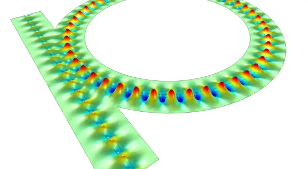 Simulation von Lichtwellen in einem Silizium-Ringresonator. Was ist Silizium? Ein Halbleitermaterial, das für optische Schaltungen genutzt wird.